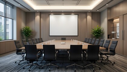 Modern Conference Room Interior Featuring Large Blank Poster on Wall
