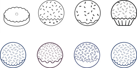 Simple Line Art Icons: Donuts, Cakes, and Cupcakes with Sprinkles;  Sweet Treats; Bakery Graphic Design Elements.