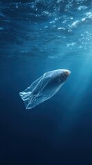 Naklejka premium Fish Trapped in Plastic Bag Underwater – Striking Image of Ocean Pollution