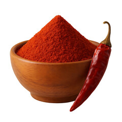 Wooden bowl of red chili powder or red pepper on transparent background