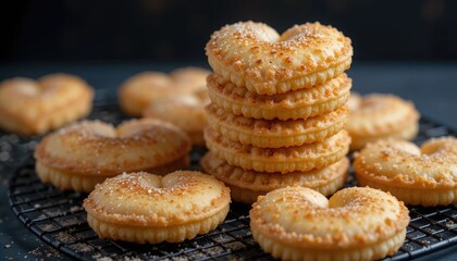 A stack of crispy, heart-shaped sweet pastries on a black cooling rack dusted with spices