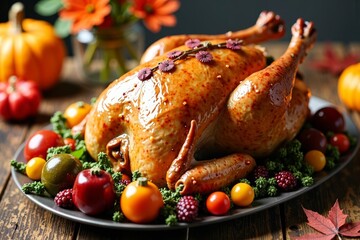 Close-Up of a Stunningly Decorated Thanksgiving Turkey Among Fall Decor on a Rustic Table