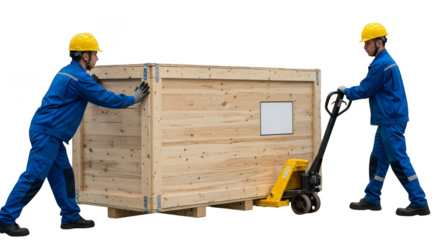 Workers skillfully maneuver a large crate