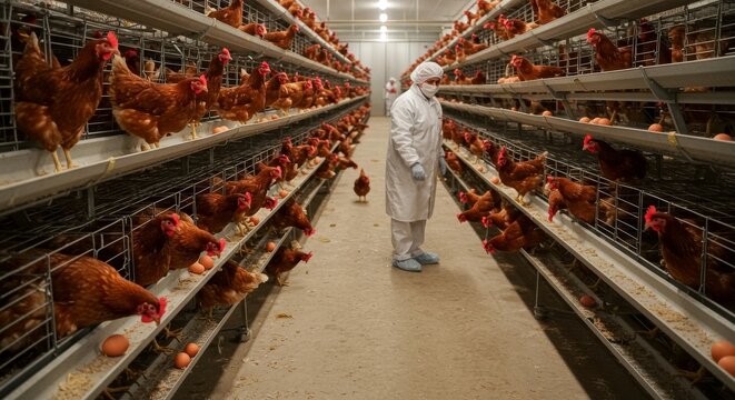 Poultry Farm Interior with Layer Chickens in Cages, Observer in White Coat, and Fresh Eggs in Trays