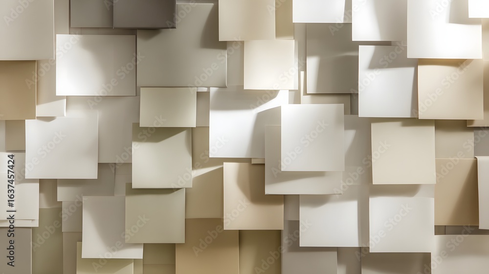 Poster abstract pattern of overlapping squares in neutral tones.