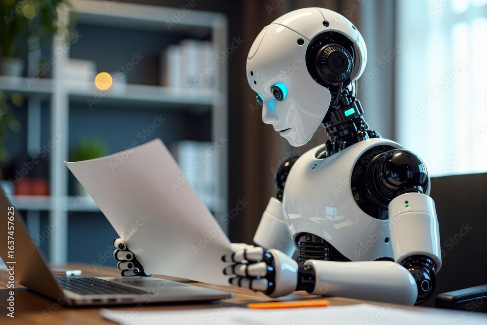 Poster ai robot reviewing job applicant's resume in office setting for business interview