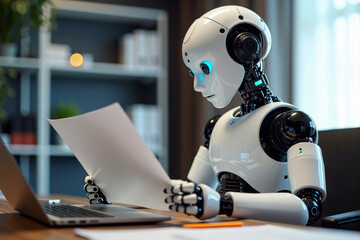 AI Robot Reviewing Job Applicant's Resume in Office Setting for Business Interview