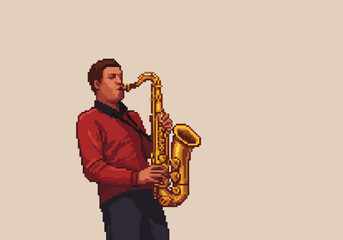 Fototapeta premium Pixel art of sax player in red sweater, against a plain backdrop, for web illustration