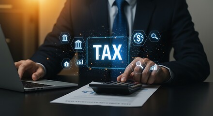 Businessman calculating taxes using a calculator and laptop, surrounded by digital tax icons.