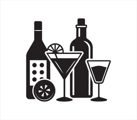Elegant Black and White Cocktail Still Life Featuring Bottles Glasses and Citrus Slices Perfect for Bar or Restaurant Designs