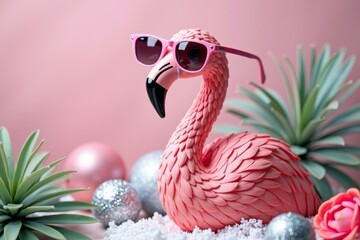 Obraz premium Glamorous Flamingo: A Winter Wonderland Photoshoot with Tropical Flair