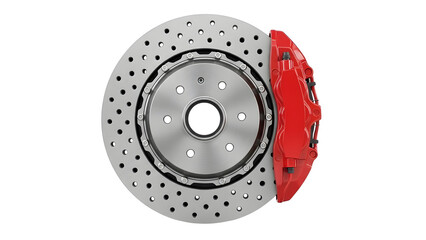 Automotive brake rotor and caliper assembly for high performance stopping power and vehicle safety system on transparent background