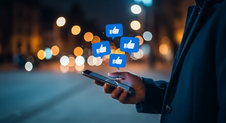 A person using a smartphone at night, with social media like thumbs up icons appearing around the device.