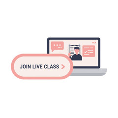 Online education concept with a laptop showing a live class, featuring a teacher, chat, and a 'Join Live Class' button.