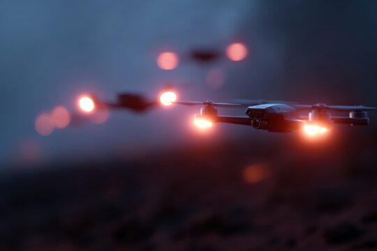 Military drones flying over battlefield at night