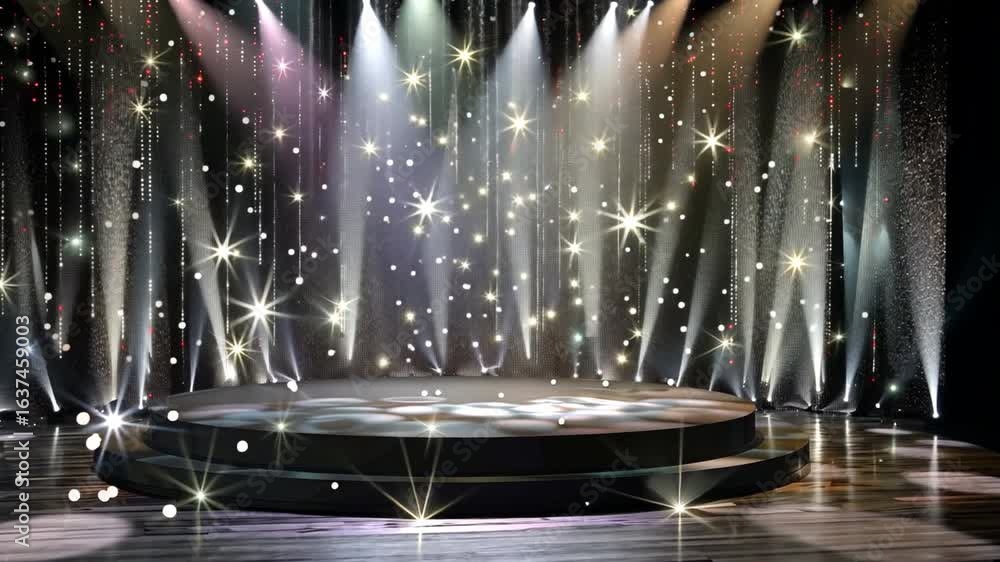 Poster magical performance on beautifully lit stage with sparkling lights, circular platform, and shimmerin