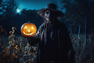 Creepy Scarecrow with a canvas bag on his head in a dense forest with a pumpkin jack-o'-lantern in his hands