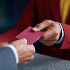 Hands exchanging a loyalty card at a hotel reception, rewarding guests. Retention, appreciation. Clean.