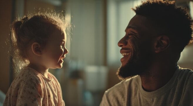 Tender moment between child and adult with soft indoor lighting, suited for family content, parenting blogs, and emotional storytelling in ads.
