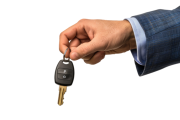 A hand in a suit jacket holds a car key