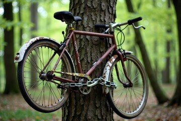 Nature Reclaiming: Abandoned Bicycle Chained to Tree in Forest, Close-up Shot