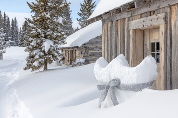 Snowy winter scene with weathered log cabin