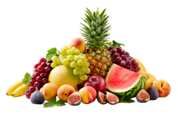 3D forklift cartoon toy, clip art style on a transparent background - Fruit pile of various fruits such as pineapple, watermelon, grapes, peaches, bananas, and figs on a white background. (3)