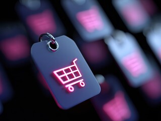 Abstract background of glowing shopping cart icons and product tags, representing online retail. Consumerism, digital. Colorful.
