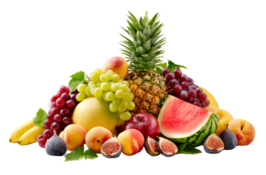 3D forklift cartoon toy, clip art style on a transparent background - Fruit pile of various fruits such as pineapple, watermelon, grapes, peaches, bananas, and figs on a white background. (3)
