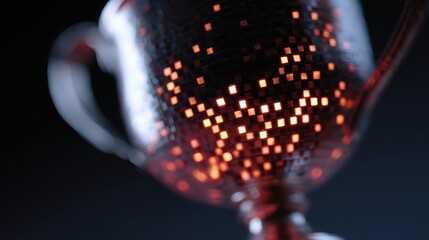 Conceptual image of a trophy cup made of glowing digital pixels, esports victory. Achievement, recognition.