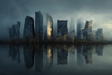 Fototapeta premium Deserted futuristic city with damaged skyscrapers reflected in dark water under a gloomy sky at dusk.