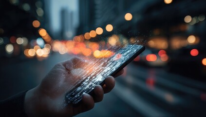 Hand holding smartphone, city night scene, overlaying digital data