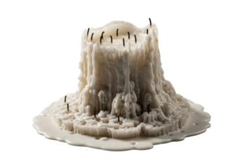Large creamy white pillar candle dramatically melted, charred wicks, intricate cratered wax landscape, isolated on transparent, strong raking light, dramatic shadows, concept of decay and