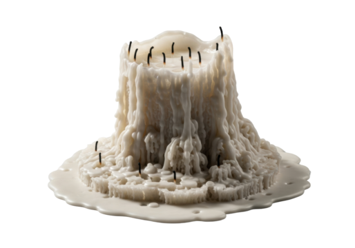 Large creamy white pillar candle dramatically melted, charred wicks, intricate cratered wax landscape, isolated on transparent, strong raking light, dramatic shadows, concept of decay and