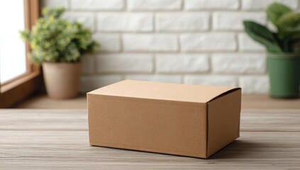 Light beige cardboard box on wooden table, plants and window in background