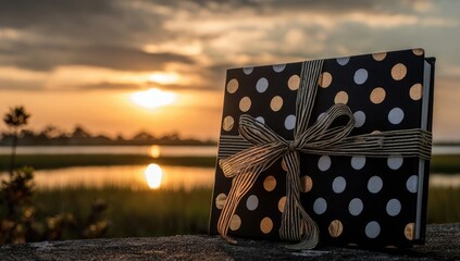 Gift-wrapped book at sunset over water