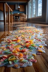 Spilled cereal on a wooden floor