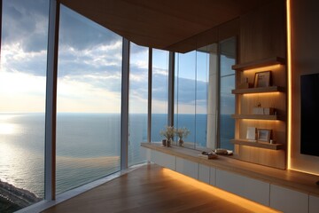 Modern penthouse living room with panoramic ocean views