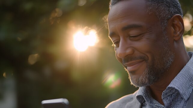 Middle-aged Black man with smartphone in green park with sunlight