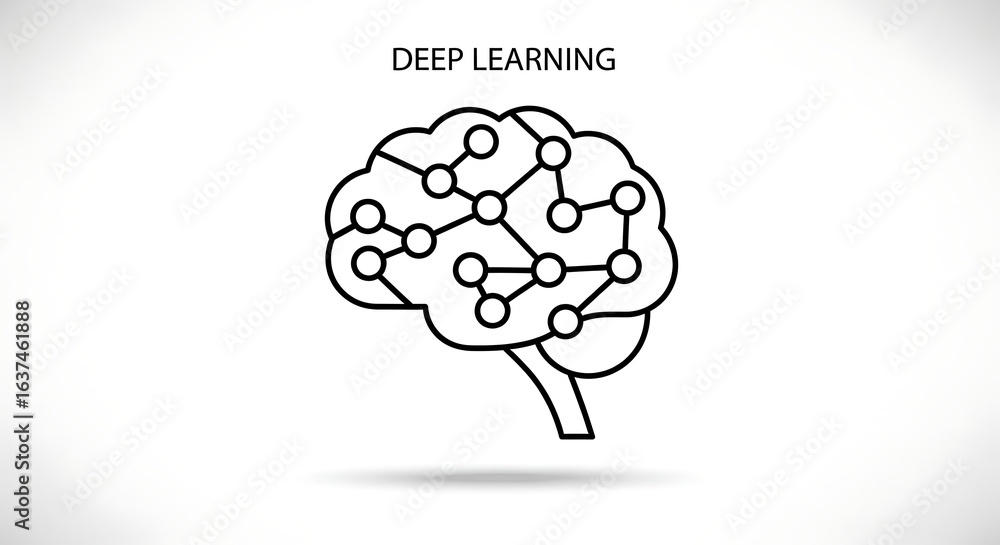 Poster outline drawing of a brain with interconnected nodes and the words deep learning above it