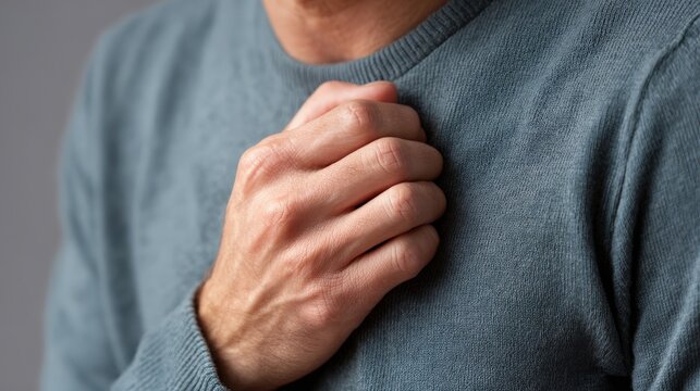 Close-up of a person holding the rib area while coughing, illustrating aggravation of rib pain