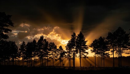 Golden sunset rays pierce through dark clouds over silhouetted trees