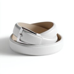 A simple white leather belt, coiled, isolated on a pure white background. Accessory, classic.