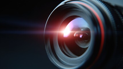 Conceptual image of a camera lens with glowing light, capturing moments. Photography, vision. Dark, vibrant.