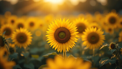 Obraz premium Soft-focus sunflower field with golden bokeh
