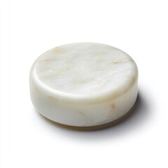 A small, white, perfectly smooth, round stone, isolated on a pure white background. Simplicity, natural.