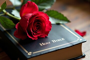 Close-up Photo of a Rose resting on the Holy Bible: A Visual representation of Faith, Beauty, and Purity
