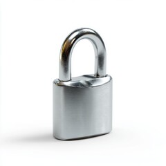 A silver padlock, closed, isolated on a pure white background. Security, protection.