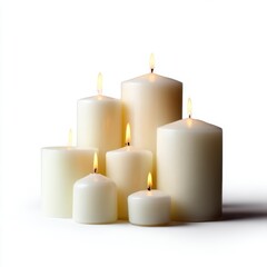 A collection of diverse-sized white candles pillar, votive, tealight, unlit, isolated on a pure white background. Ambiance, home decor.