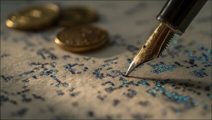 Fototapeta premium Vintage letter, fountain pen, and coins